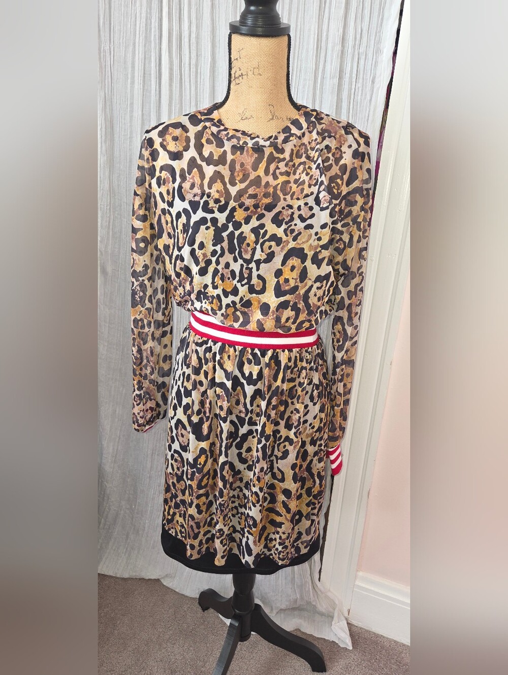 ASOS Leopard Print Long Sleeve Dress with Red Striped Waistband